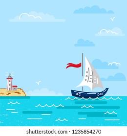 Summer sea landscape with yacht and lighthouse on the island. Flat and line style vector illustration. Travel concept. Hello summer card.