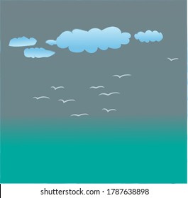 summer sea landscape.sea, clouds, blue sky, birds in the sky. vector
