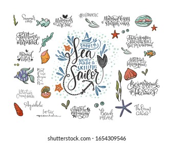 Summer sea lettering big vector set. Ocean quotes and clip art collection. Perfect for t shirt, card print design. Graphic nautical marine theme illustration. Smooth sea never made a skillful sailor