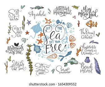 Summer sea lettering big vector set. Ocean quotes and clip art collection. Perfect for t shirt, card print design. Graphic nautical marine theme illustration. Let the sea set you free