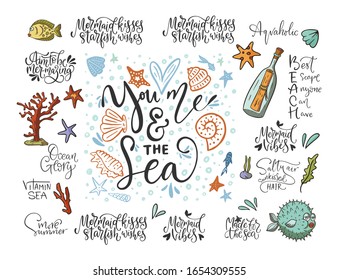 Summer Sea Lettering Big Vector Set. Ocean Quotes And Clip Art Collection. Perfect For T Shirt, Card Print Design. Graphic Nautical Marine Theme Illustration. You, Me And The Sea.