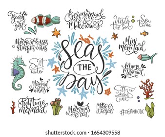 Summer sea lettering big vector set. Ocean quotes and clip art collection. Perfect for t shirt, card print design. Graphic nautical marine theme illustration. Seas the day.