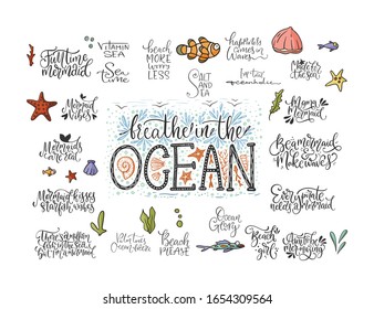 Summer sea lettering big vector set. Ocean quotes and clip art collection. Perfect for t shirt, card print design. Graphic nautical marine theme illustration. Breathe in the ocean