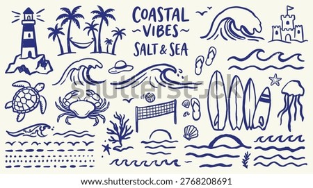Summer sea life doodle collection featuring ocean waves crab turtle jellyfish and sand castle. Blue ink style salt and sea themed illustrations on light background.