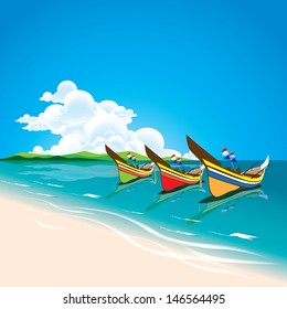 Summer sea with Local fishing boats in the south of Thailand.