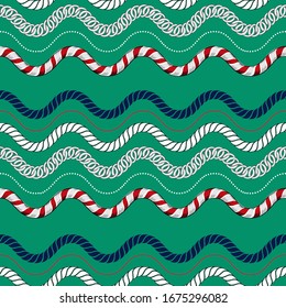Summer sea nautical rope and chain accessories, wave horizontal striped seamless pattern vector EPS10,Design for fashion,fabric,web,wallpaper,wrapping,cover and all prints on light green background
