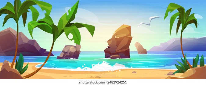 Summer sea or ocean beach landscape with blue water in tropical lagoon, green palm trees and sand on shore, rock mountains and seagull in blue sky on sunny day. Cartoon vector coastline scenery.