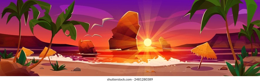 Summer sea or ocean beach sunset landscape. Tropical lagoon with palm trees and sand shore, rock mountains and seagull in pink and orange gradient sky. Cartoon vector sunrise coastline scenery.