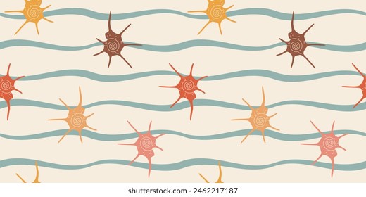 Summer sea ocean exotic minimalistic seamless pattern of sea shells on the waves for gift wrapping paper, wallpaper, notebook cover, notepad. Vector illustration EPS10	