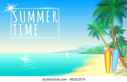 Summer sea palm beach web banner. Sand seashore blue water wave sunshine hot day surf boards boat. Background vector illustration