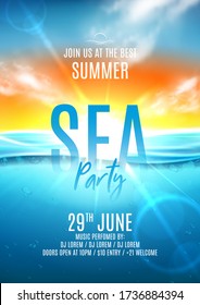 Summer sea party flyer template. Vector illustration with deep underwater ocean scene. Realistic background with sea landscape with sunset or sunrise. Invitation to nightclub.