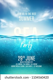 Summer sea party poster template  Vector illustration and deep underwater ocean scene  Background and realistic clouds   marine horizon  Invitation to nightclub 