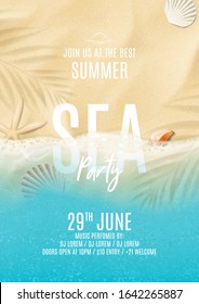 Summer sea party poster template. Vector illustration with top view on ocean scene with seashells, soft waves and plant's shadows. Invitation to nightclub.