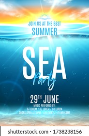 Summer sea party poster template. Vector illustration with deep underwater ocean scene with seashells on sandy bottom. Realistic  sea landscape with sunset or sunrise. Invitation to nightclub.