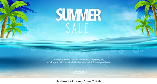 Summer sea party, sale posters. Vector illustration with deep underwater ocean scene. Background with realistic clouds and palms