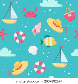 Sommermeer-Muster. Fische, Segelboot, Krabbe, Muscheln. Handgezeichnete, flache Cartoon-Elemente. Vektorgrafik