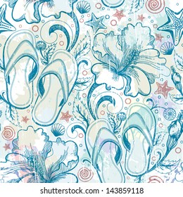 Summer sea pattern with Flip-Flops Shoes and shells. EPS 10