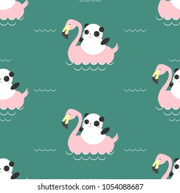 Summer sea pattern. The summer pattern of a Panda floating in the sea. Pandas to swim in the sea on pink flamingo float circle