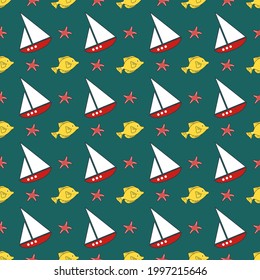 Summer sea pattern with ships, fish and starfish on a blue background. Cute print with marine objects. Design for wrapping paper, stationery and textiles.