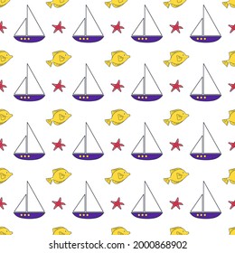 Sommerseemuster mit Schiffen, Fisch und Seestern auf weißem Hintergrund. Rutsche Drucke mit Meeresobjekten. Design für Verpackungspapier, Schreibwaren und Textilien.