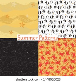 Summer sea patterns set with stars, fishes and crabs