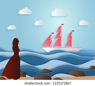 Summer sea picture origami made paper. The girl meets a sailboat from a long journey. Scarlet sails, Assol. Vector illustrations, 