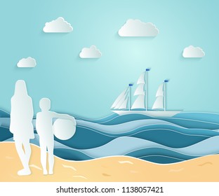 Summer sea picture origami made paper. Mom and child standing on the beach and look at the sailing sailboat. Vector illustrations, paper art and digital crafts style.