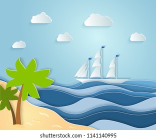 Summer sea picture origami made paper. a sandy Sunny island with a palm tree overlooking a beautiful ship. Vector illustrations, paper art and digital crafts style.
