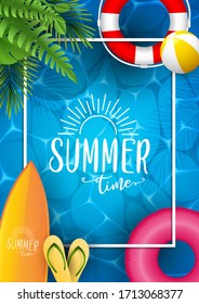 Summer sea poster. Vector illustration with deep underwater ocean scene. Background with realistic clouds and summer 3d text