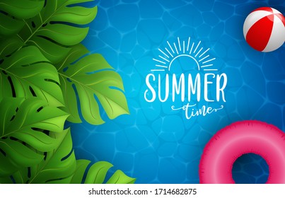 Summer sea poster. Vector illustration with deep underwater ocean scene. Background with realistic clouds and summer 3d text