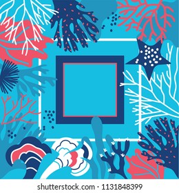 Summer sea print. Silk scarf marine life vector graphics. Coral, algae, anemones