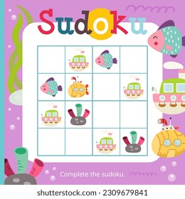 Summer Sea Puzzle game for children. Cute Fish, Submarine and Ship Sudoku. Vector illustration. Nautical Sudoku for kids activity book. Book square format.