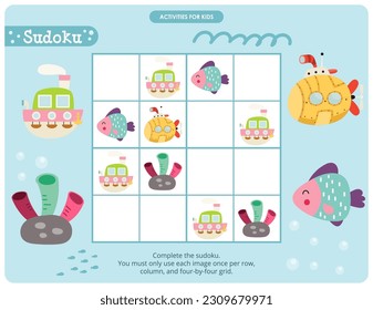 Summer Sea Puzzle game for children. Cute Fish, Submarine and Ship Sudoku. Vector illustration. Nautical Sudoku for kids activity book.