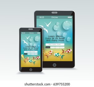 Summer sea rest background on the screen of smartphone and tablet PC. Vector illustration.