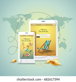 Summer sea rest background on the screen of smartphone and tablet PC. Vector illustration.