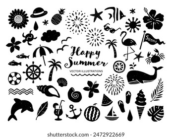 Summer and sea retro monochrome illustration collection.