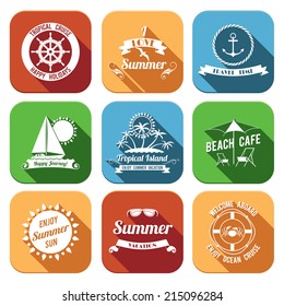 Summer sea retro vacation travel time tropical island flat emblems set isolated vector illustration