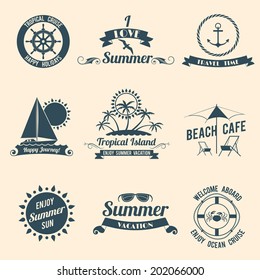 Summer sea retro vacation tropical cruise happy holidays black emblems set isolated vector illustration
