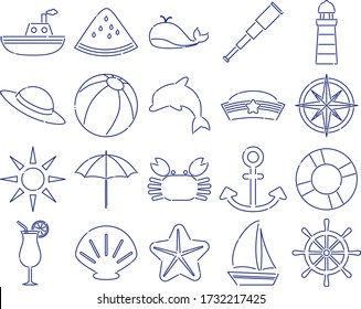 Summer sea, sailing, navigation, sea life, food icons illustration: line drawing material