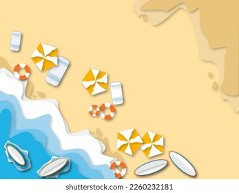 
Summer sea and sandy beach image, top view, umbrella, seat, swimming ring, sea wave