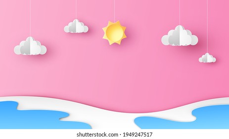 Summer sea scenery with cloud and sun hanging on sky. Sea landscape. Summer time. Paper cut and craft style. vector, illustration.