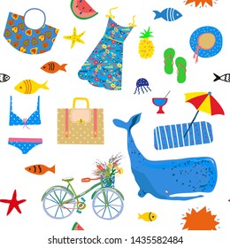 Summer and sea seamless pattern, funny design. Vector graphic illustration