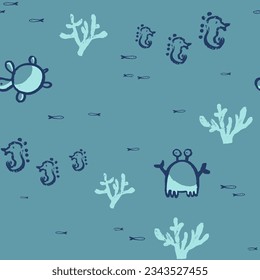 Summer sea seamless pattern. Hand drawn tropical ocean print. Beach vacation background textile design. Marine animals exotic wallpaper, baby apparel nautical travel repeat motif. Crab, corals, turtle