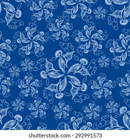Summer sea seamless pattern. Illustration of bird seagull, sky and waves. Used for wallpaper, textile, background