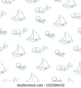 Summer sea seamless pattern with sailboat. Sea party vector background with yacht, whale, jellyfish.