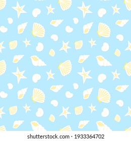 Summer sea seamless pattern of seashells. Blue pattern with yellow white seashells, seamless texture or background. Can be used as a print for fabric, for wrapping paper, wallpaper, summer background.