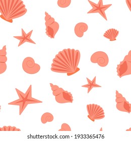 Summer sea seamless pattern of seashells. Seashell pattern, sea coast simple seamless texture or background. Can be used as a print for fabric, for wrapping paper, as wallpaper, summer background.