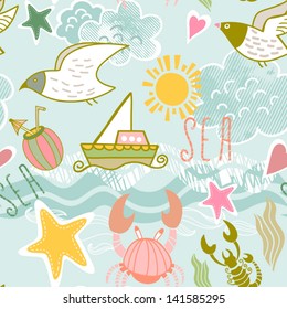Summer Sea seamless pattern. Vacation concept background. Seamless pattern can be used for wallpapers, pattern fills, web page backgrounds, surface textures.