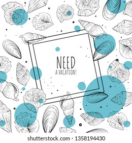 Summer sea shells banner, vector