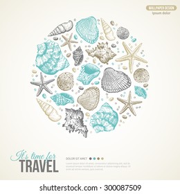 Summer Sea Shells Concept. Vector illustration. Cute Postcard Design with Place for Text.